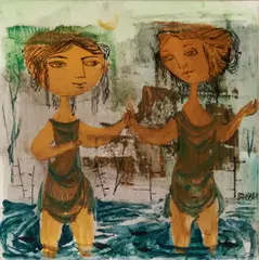Gertrude Barrer, Two Figural Paintings on Tile, Two Women Holding Hands in Water and Two Figures with Musical Instruments