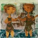 Gertrude Barrer, Two Figural Paintings on Tile, Two Women Holding Hands in Water and Two Figures with Musical Instruments