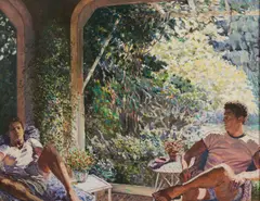 Hazard Durfee, The Screened Porch Signed l.l., titled in inscription and label on the stretcher.  Oil on canvas, 34 1/4 x 43 3/4 in., framed.