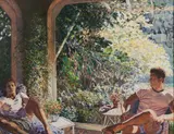 Hazard Durfee, The Screened Porch Signed l.l., titled in inscription and label on the stretcher.  Oil on canvas, 34 1/4 x 43 3/4 in., framed.