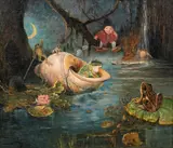 Fantastical Scene with Frogs and an Elf by American School, Unsigned. Oil on board, sold Dec 2022