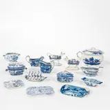 toast rack, Willow tureen, soap dish, creamer, cow-horn pitcher, Spode blue transfer-decorated drainer, and a covered chamber pot, ht. to 7 1/4 in. by Fourteen Staffordshire Transfer-decorated Items, sold Oct 2022