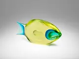 Antonio da Ros, Rare Pesce, for Vetreria Gino Cenedese, uranium glass, internally decorated in aquamarine with trapped air bubble