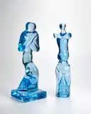 Ermanno Nason, Two Abstract Forms, for Vetreria Gino Cenedese, after a work by Jean Arp, cerulo glass, one example with paper label 'MURANO cenedese VETRI 116'