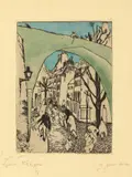 Lyonel Feininger, Die grüne Brücke, 1910, Radierung auf Velin, vom Künstler aquarelliert