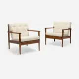 Grete Jalk, Lounge chairs, pair, c. 1960, teak, faux sheepskin