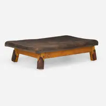 Modern, Gymnasium bench, c. 1950, leather upholstery, pine, steel
