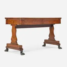 Regency, Writing table, c. 1830, amboyna burl, patinated metal