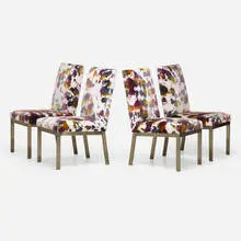 Milo Baughman, Dining chairs, set of four, c. 1980, upholstery, bronzed steel