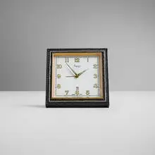 Asprey & Co., Travel clock with case, snake skin, brass, glass