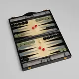 Chiellini, Traveling backgammon set, c. 1980, marble, acrylic, leather, gilt steel and brass