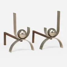 attribution Donald Deskey, Andirons, pair, c. 1935, chrome-plated brass, steel
