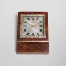 Claude Moliterni, Desk clock, c. 1935, walnut burl, silver, gold, glass