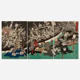 Utagawa Kunisada, Minamoto Yorimitsu (Raiko) ko no yakata ni tsuchigumo yokai o nasu zu (triptych)