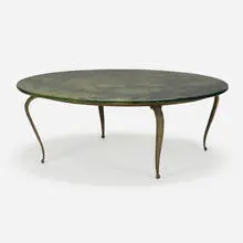 attribution René Prou, Coffee table, c. 1940, gilt and patinated wrought iron, silvered glass