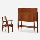 Raphael, Secretary and chair, c. 1955, rosewood, cane, maple, leather, brass-plated metal