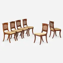 William IV Style, Dining chairs, set of six, c. 1950, sapele, cane, upholstery
