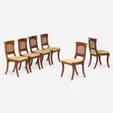 William IV Style, Dining chairs, set of six, c. 1950, sapele, cane, upholstery