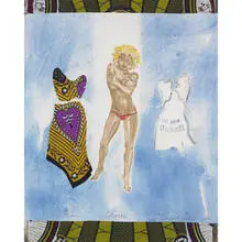 Emma Amos, Lil Bim Choice, 2001, watercolor, graphite and fabric collage on paper