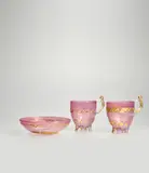Ermanno Nason, Pair of Cups and a Dish, for Vetreria Gino Cenedese, ruby pink glass applied with gold leaf and meander decoration