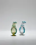Two Double Neck Gemels by Salviati & C., fumè and clear glass applied with aquamarine morise, one example with partial paper label 'A, sold Feb 2023