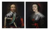 Sir Anthony Van Dyck, Portrait of King Charles I, half-length, in armour with a white lace collar; Portrait of Henrietta Maria, half-length, in a black and gold dress with a white lace collar, a pair, oil on panel