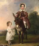 Portrait of two girls with a donkey by British School, oil on canvas laid to board, sold Apr 2023