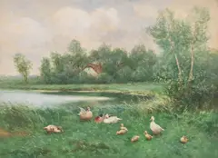 Constant Artz, Ducklings by the waterside, watercolour and gouache