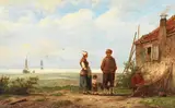 Johannes Hermanus Barend Koekkoek, Coastal scene with figures, oil on panel