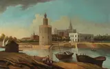 Riverside view with the Torre del Oro, Seville by Continental School, oil on canvas, sold Apr 2023