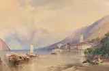 Rws William Callow, A view of Bellagio, Lake Como, watercolour and scratching out