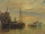 Alfred Montague, 'Herring Boats, Shields Harbour, Sunrise', oil on canvas