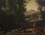 An extensive wooded landscape with animals at a stream by Italian School, oil on canvas, sold Apr 2023