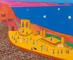 Ben Tobias, The pirates of Penzance, Minack Theatre Cornwall, oil on canvas laid to panel