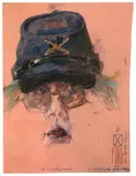 Attackéééé by Horst Janssen, 1982, Farbkreide und Bleistift auf zwei zusammengeklebten Stücken rosafarbenen Papiers, sold Nov 2009