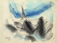 Benz by Lyonel Feininger, 1955, Aquarell, Kohle und Tuschfeder auf Bütten (Wasserzeichen: Montgolfier France), sold May 2011