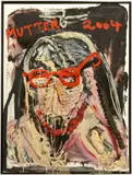 Jonathan Meese, Mutter (gestürzt) mit roter Brille und rötlicher Perlenkette, 2004, Öl auf Leinwand