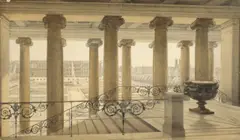 C. T. Gregorovius, Blick vom Museum am Lustgarten zum Berliner Stadtschloß. 1838 [?], Aquarell und Bleistift auf Papier, auf Karton aufgezogen