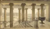 C. T. Gregorovius, Blick vom Museum am Lustgarten zum Berliner Stadtschloß. 1838 [?], Aquarell und Bleistift auf Papier, auf Karton aufgezogen