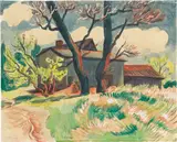 Max Pechstein, Landschaft mit Hof und blühenden Bäumen, 1928, Aquarell und Deckweiß über Kreide auf Velin