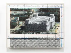 Christo, WRAPPED REICHTSTAG (PROJECT FOR BERLIN) PLATZ DER REPUBLIK, SPREE, BRANDENBURGER TOR), 1994, Mischtechnik mit Fotografie und Stoff auf Karton auf Holz, im Acrylglas-Rahmen