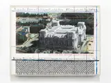 Christo, WRAPPED REICHTSTAG (PROJECT FOR BERLIN) PLATZ DER REPUBLIK, SPREE, BRANDENBURGER TOR), 1994, Mischtechnik mit Fotografie und Stoff auf Karton auf Holz, im Acrylglas-Rahmen