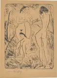 Otto Mueller, Drei stehende und ein sitzendes Mädchen (Vier Akte in Landschaft), Um 1914, Lithografie auf braunem Papier
