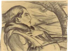 Albert Birkle, Dame im offenen Wagen, 1925, Kohle auf Papier