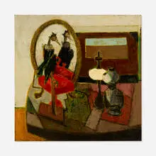 Claude Venard, Birds and Lamps, oil on Masonite