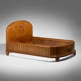 attribution Paul Follot, Art Deco full-size bed frame, c. 1925, oak, mahogany, bird's-eye maple