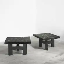 Ado Chale, coffee tables, pair, c. 1975, cast resin, hematite, enameled steel