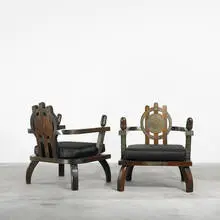 lounge chairs, pair by Ettore Zaccari, carved oak, silk, sold Jun 2010