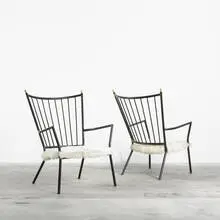 Colette Gueden, lounge chairs, pair, c. 1950, enameled steel, enameled brass, brass, goat hide