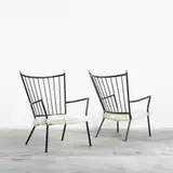 Colette Gueden, lounge chairs, pair, c. 1950, enameled steel, enameled brass, brass, goat hide